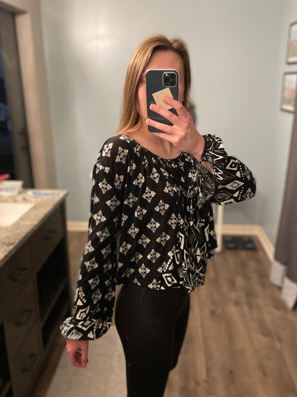 Free People Black and White Printed Long-Sleeve Flowy Blouse - Picture 9 of 9